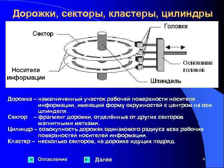 Дорожки, секторы, кластеры, цилиндры Дорожка – намагниченный участок рабочей поверхности носителя информации, имеющий форму