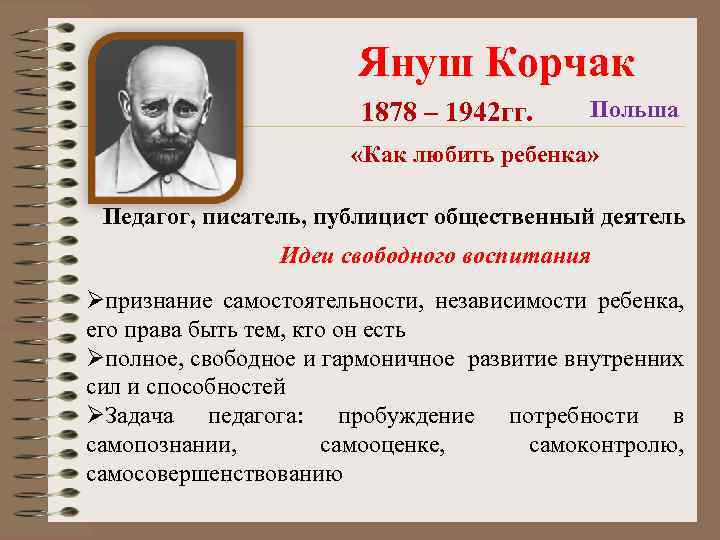  Януш Корчак 1878 – 1942 гг. Польша «Как любить ребенка» Педагог, писатель, публицист