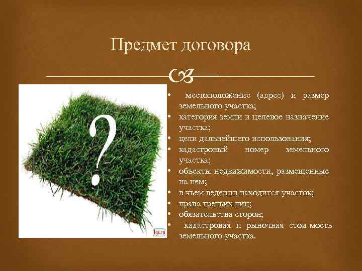 Предмет договора • местоположение (адрес) и размер земельного участка; • категория земли и целевое