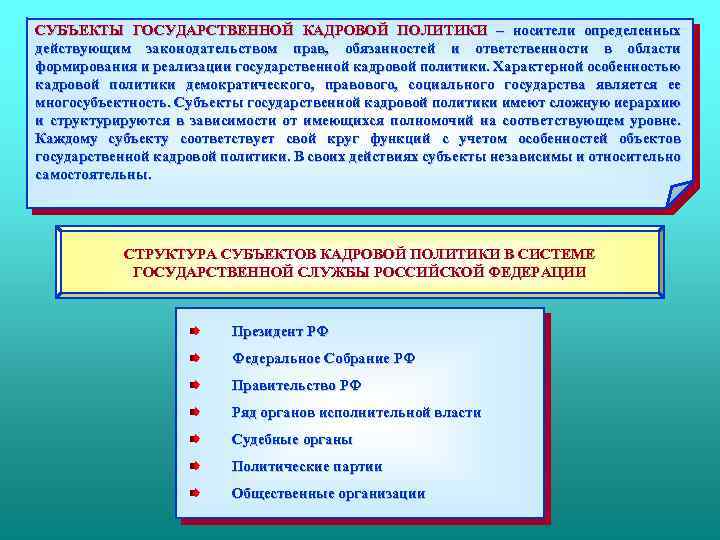 СУБЪЕКТЫ ГОСУДАРСТВЕННОЙ КАДРОВОЙ ПОЛИТИКИ – носители определенных действующим законодательством прав, обязанностей и ответственности в