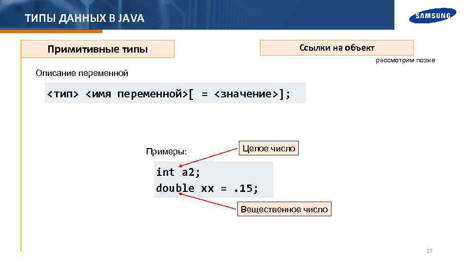 ТИПЫ ДАННЫХ В JAVA Примитивные типы Ссылки на объект рассмотрим позже Описание переменной <тип>
