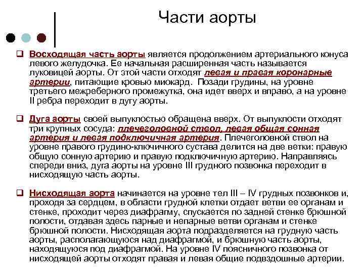 Части аорты q Восходящая часть аорты является продолжением артериального конуса левого желудочка. Ее начальная