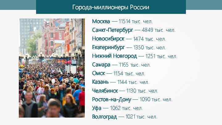 Города-миллионеры России Москва — 11514 тыс. чел. Санкт-Петербург — 4849 тыс. чел. Новосибирск —