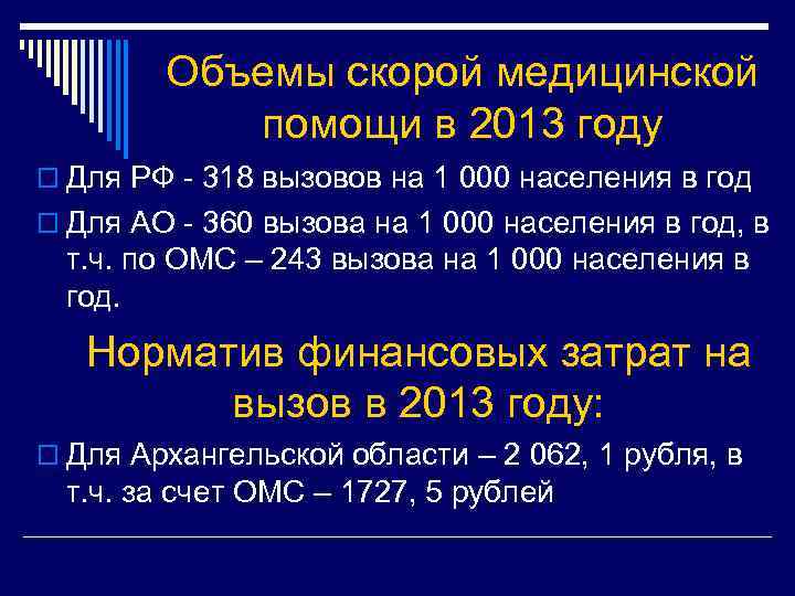 Объемы скорой медицинской помощи в 2013 году o Для РФ - 318 вызовов на