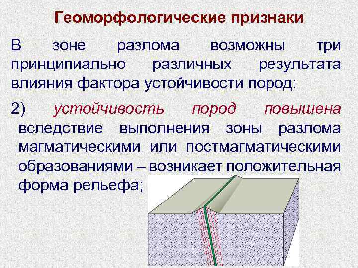 Геоморфологические признаки В зоне разлома возможны три принципиально различных результата влияния фактора устойчивости пород: