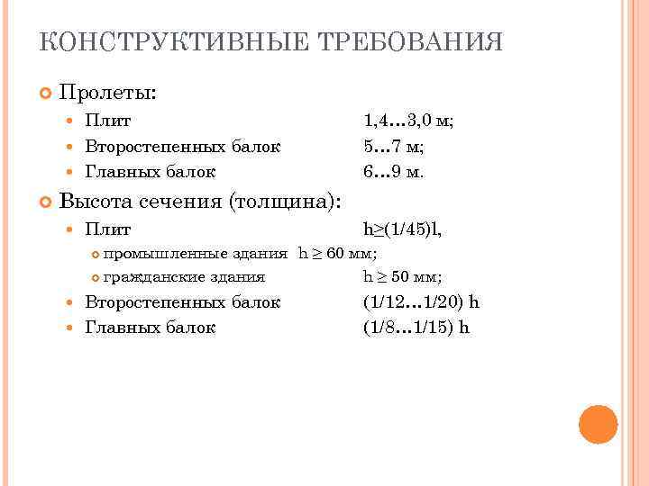 КОНСТРУКТИВНЫЕ ТРЕБОВАНИЯ Пролеты: Плит Второстепенных балок Главных балок 1, 4… 3, 0 м; 5…