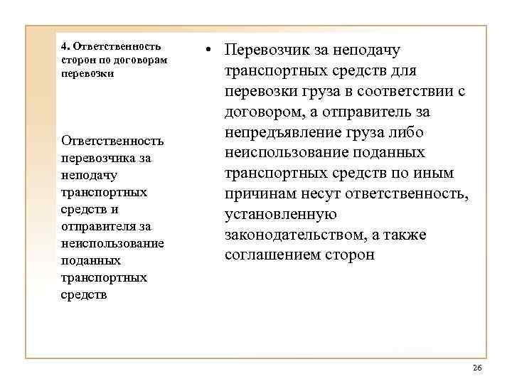 4. Ответственность сторон по договорам перевозки Ответственность перевозчика за неподачу транспортных средств и отправителя