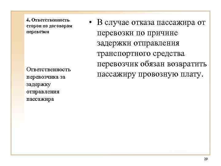 4. Ответственность сторон по договорам перевозки Ответственность перевозчика за задержку отправления пассажира • В