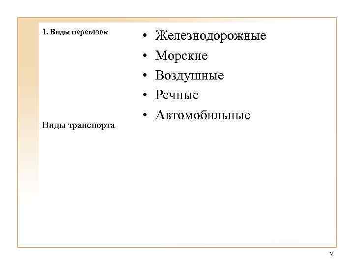 1. Виды перевозок Виды транспорта • • • Железнодорожные Морские Воздушные Речные Автомобильные 7