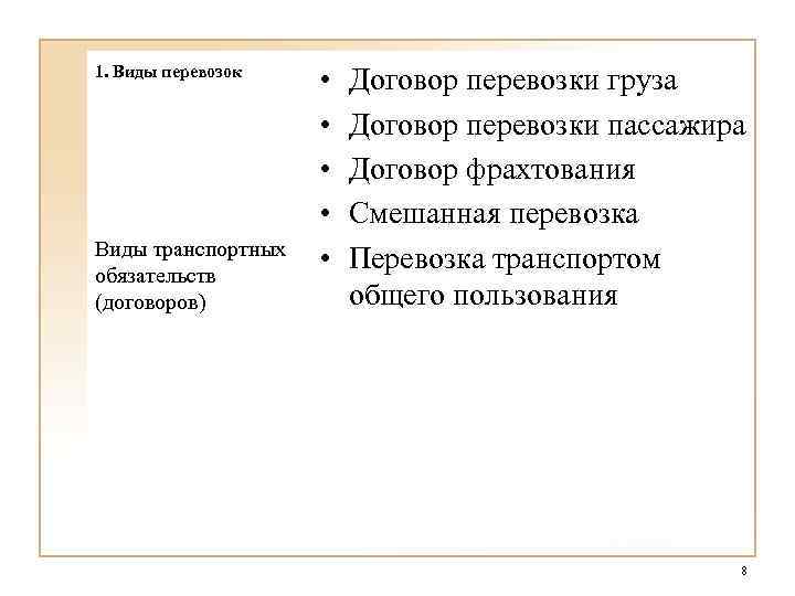 Отличие фрахтования от. Виды договоров перевозки грузов. Виды договоров перевозки таблица. Договор перевозки понятие и виды.