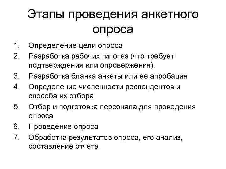 Этапы проведения анкетного опроса 1. 2. 3. 4. 5. 6. 7. Определение цели опроса