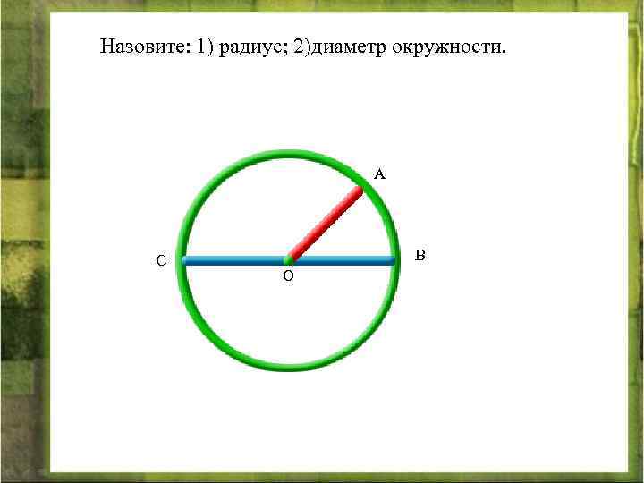 Назовите: 1) радиус; 2)диаметр окружности. А С В О 