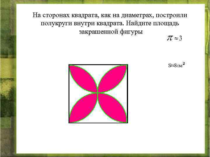 На сторонах квадрата, как на диаметрах, построили полукруги внутри квадрата. Найдите площадь закрашенной фигуры
