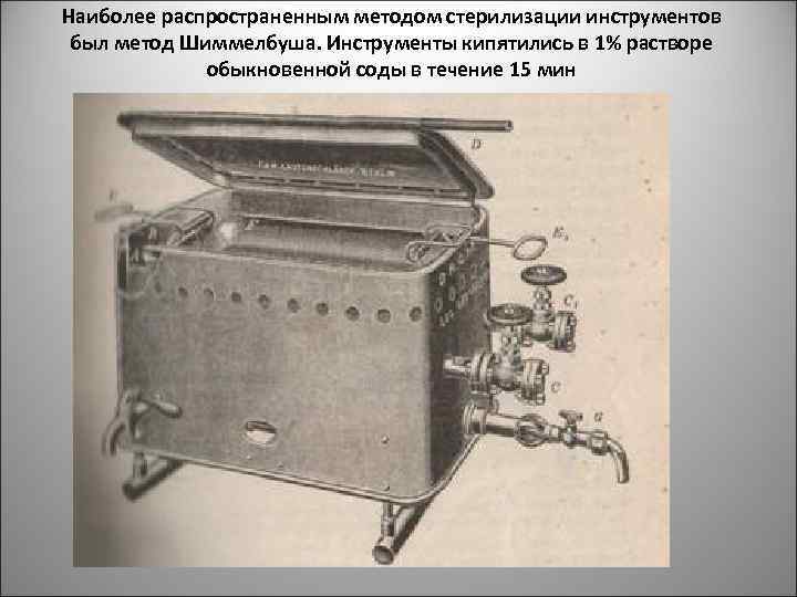 Наиболее распространенным методом стерилизации инструментов был метод Шиммелбуша. Инструменты кипятились в 1% растворе обыкновенной