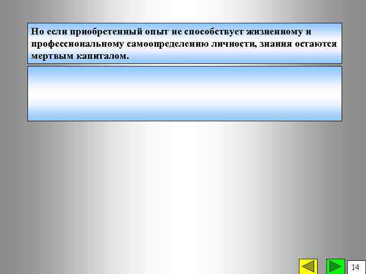 Но если приобретенный опыт не способствует жизненному и профессиональному самоопределению личности, знания остаются мертвым