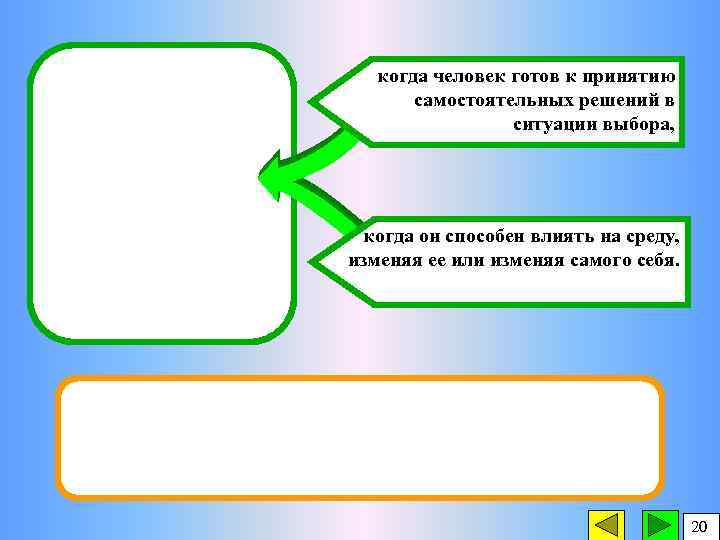 когда человек готов к принятию самостоятельных решений в ситуации выбора, когда он способен влиять