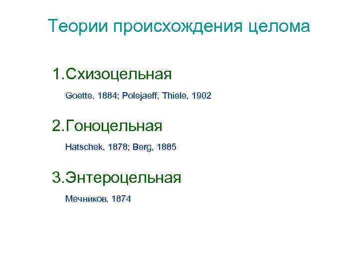 Теории происхождения целома 1. Схизоцельная Goette, 1884; Polejaeff, Thiele, 1902 2. Гоноцельная Hatschek, 1878;