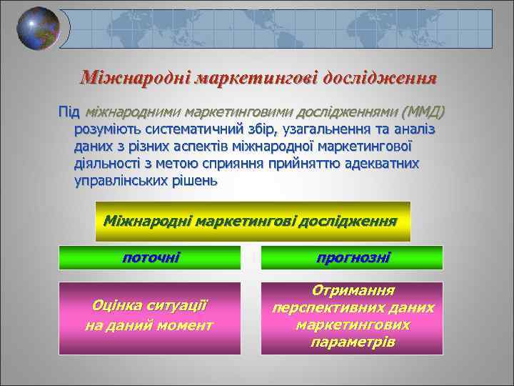 Міжнародні маркетингові дослідження Під міжнародними маркетинговими дослідженнями (ММД) розуміють систематичний збір, узагальнення та аналіз