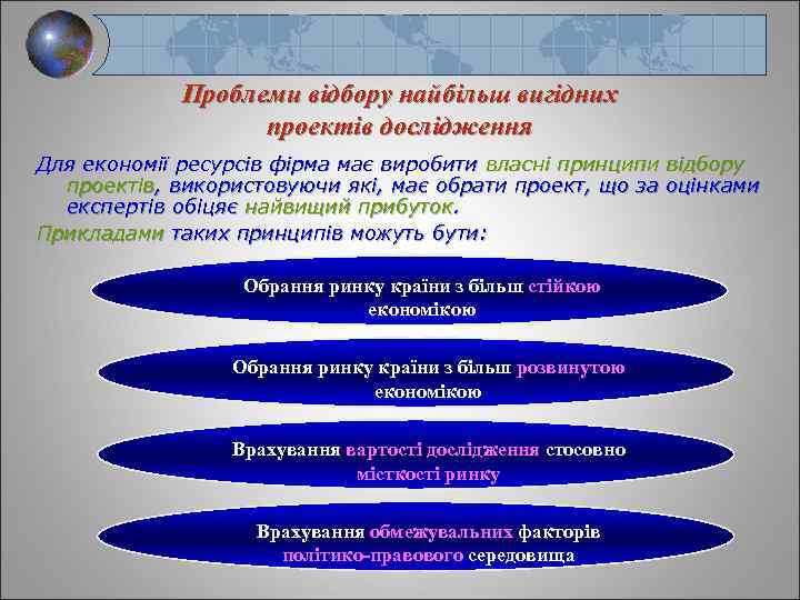 Проблеми відбору найбільш вигідних проектів дослідження Для економії ресурсів фірма має виробити власні принципи