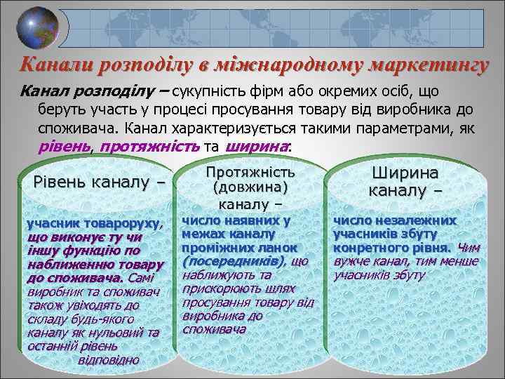 Канали розподілу в міжнародному маркетингу Канал розподілу – сукупність фірм або окремих осіб, що