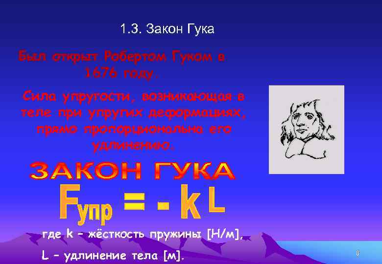 1. 3. Закон Гука Был открыт Робертом Гуком в 1676 году. Сила упругости, возникающая