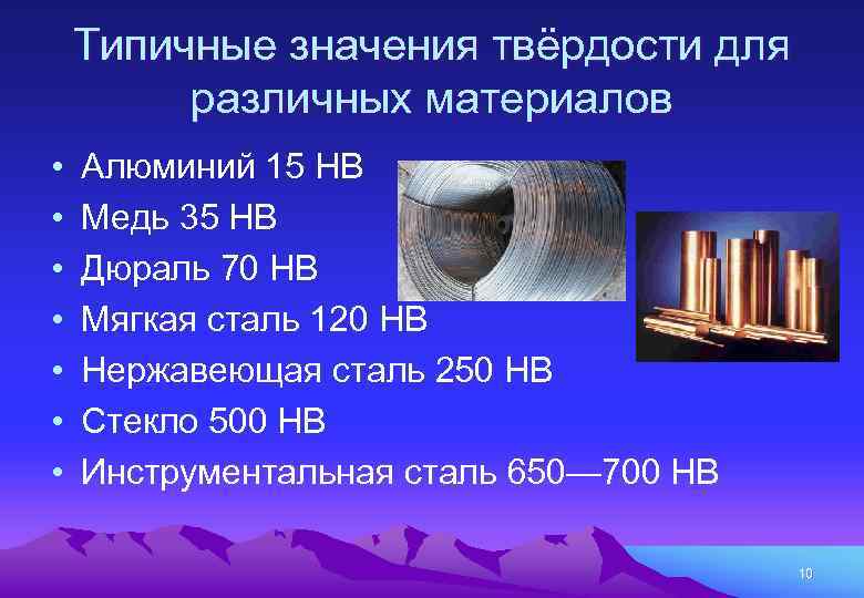 Типичные значения твёрдости для различных материалов • • Алюминий 15 HB Медь 35 HB