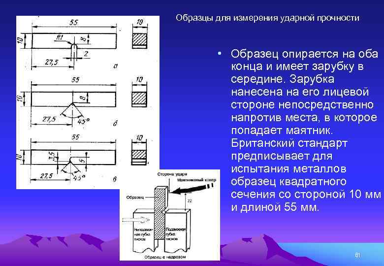 Образцы для измерения ударной прочности • Образец опирается на оба конца и имеет зарубку