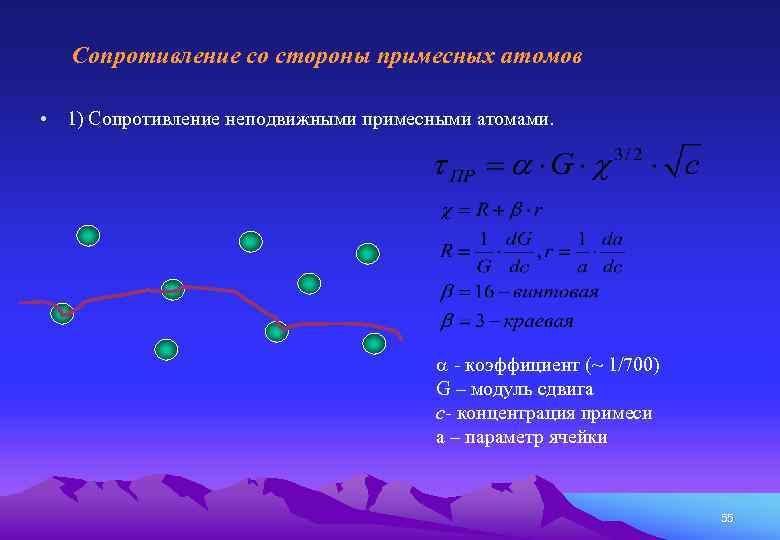 Сопротивление со стороны примесных атомов • 1) Сопротивление неподвижными примесными атомами. a - коэффициент