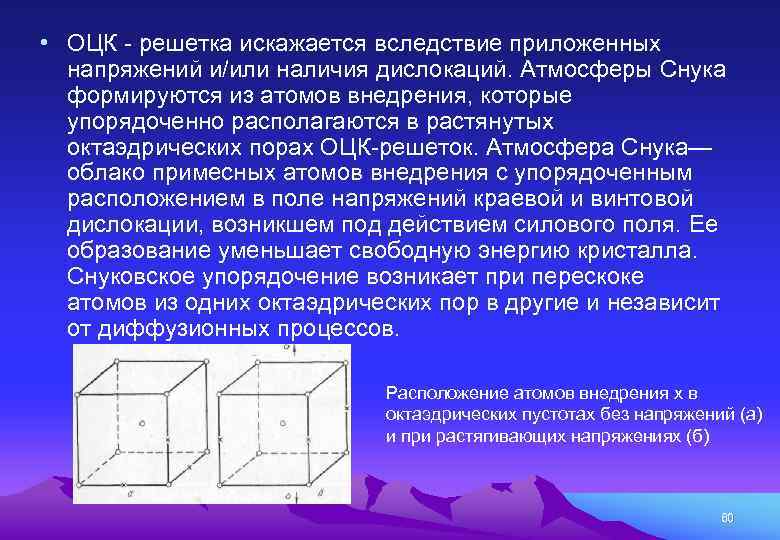  • ОЦК решетка искажается вследствие приложенных напряжений и/или наличия дислокаций. Атмосферы Снука формируются