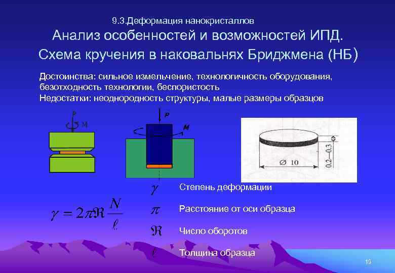 9. 3. Деформация нанокристаллов Анализ особенностей и возможностей ИПД. Схема кручения в наковальнях Бриджмена