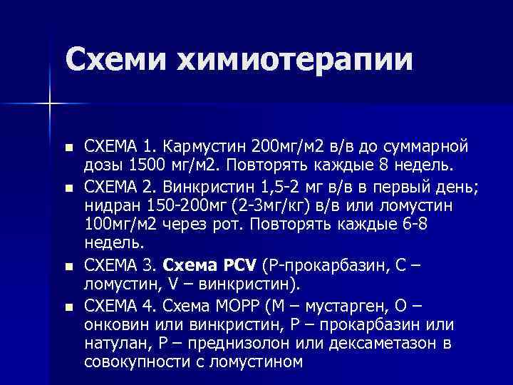 Схеми химиотерапии n n СХЕМА 1. Кармустин 200 мг/м 2 в/в до суммарной дозы