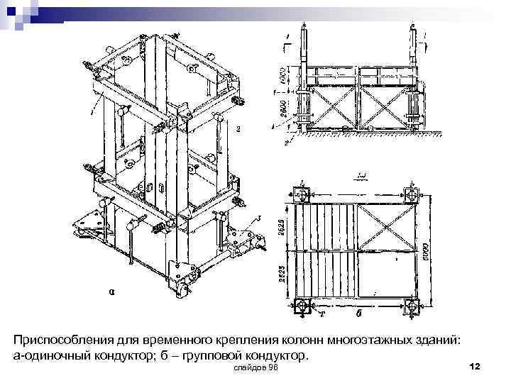 Приспособления для временного крепления колонн многоэтажных зданий: а-одиночный кондуктор; б – групповой кондуктор. слайдов