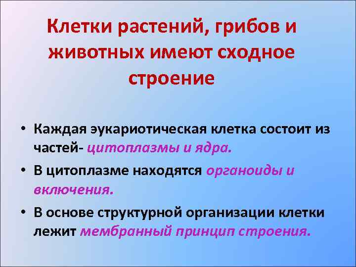 Клетки растений, грибов и животных имеют сходное строение • Каждая эукариотическая клетка состоит из