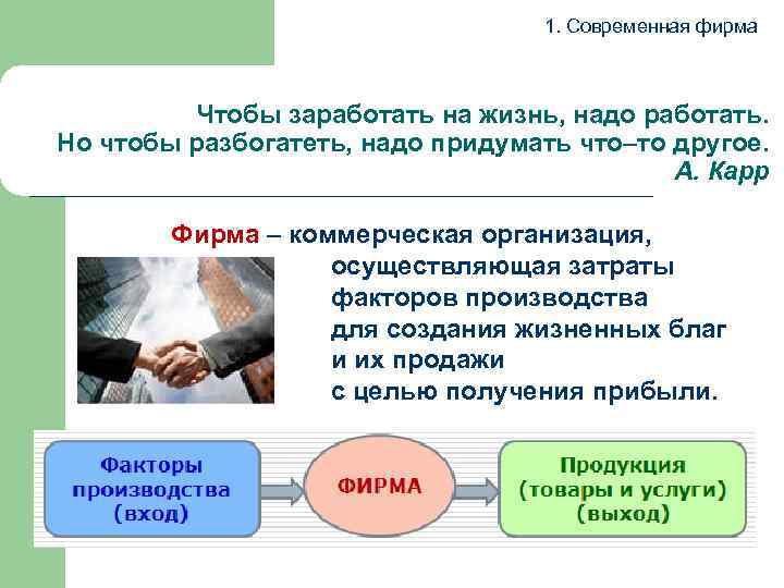 1. Современная фирма Чтобы заработать на жизнь, надо работать. Но чтобы разбогатеть, надо придумать