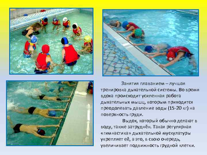 Занятия плаванием – лучшая тренировка дыхательной системы. Во время вдоха происходит усиленная работа дыхательных