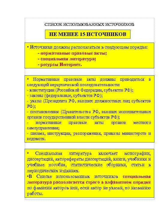СПИСОК ИСПОЛЬЗОВАННЫХ ИСТОЧНИКОВ НЕ МЕНЕЕ 15 ИСТОЧНИКОВ • Источники должны располагаться в следующем порядке: