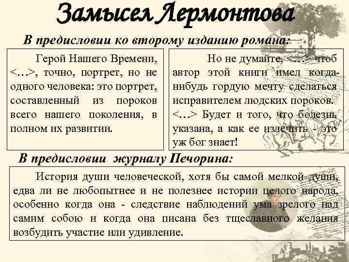 Замысел Лермонтова В предисловии ко второму изданию романа: Герой Нашего Времени, <…>, точно, портрет,