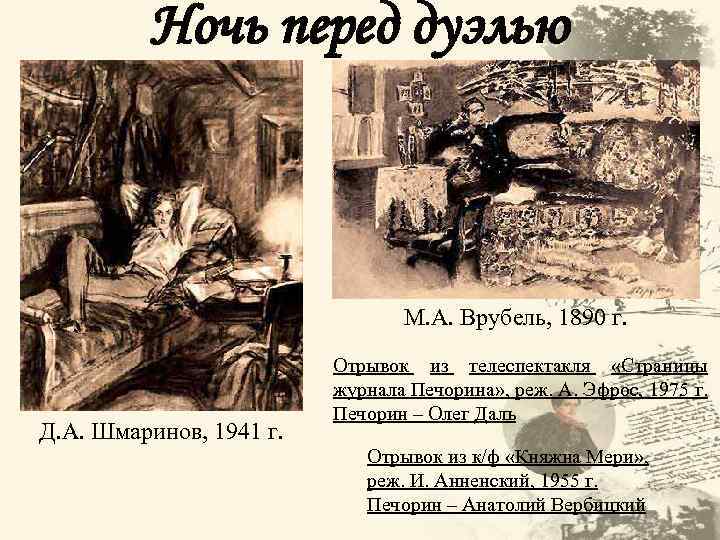 Ночь перед дуэлью М. А. Врубель, 1890 г. Д. А. Шмаринов, 1941 г. Отрывок