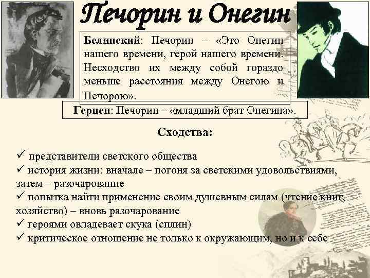 Печорин и Онегин Белинский: Печорин – «Это Онегин нашего времени, герой нашего времени. Несходство