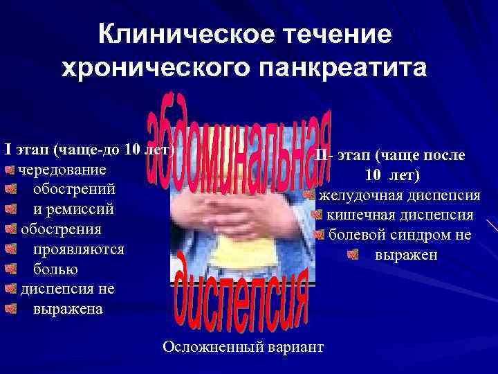 Клиническое течение хронического панкреатита I этап (чаще-до 10 лет) чередование обострений и ремиссий обострения