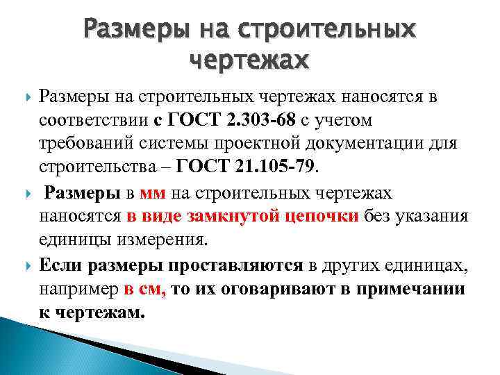 Размеры на строительных чертежах Размеры на строительных чертежах наносятся в соответствии с ГОСТ 2.