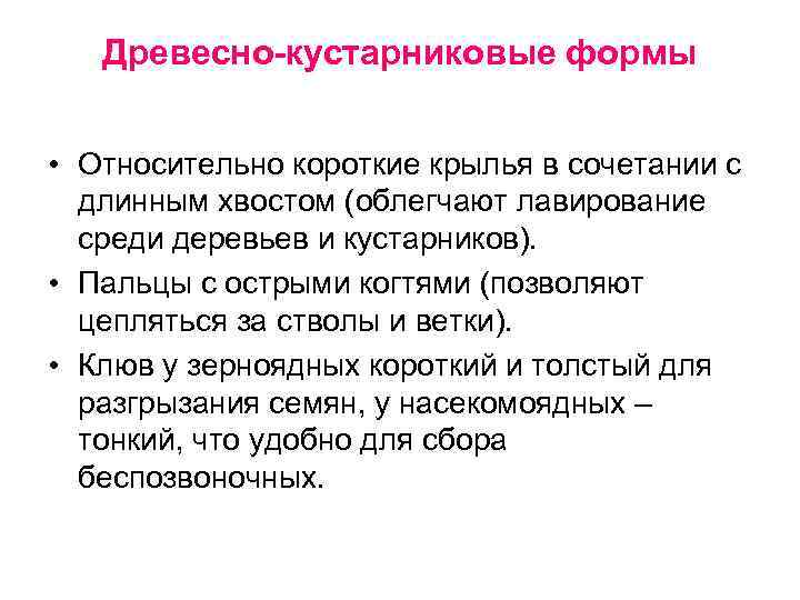 Древесно-кустарниковые формы • Относительно короткие крылья в сочетании с длинным хвостом (облегчают лавирование среди