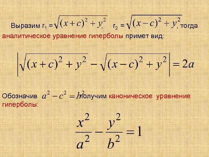 Выразим r 1 = , r 2 = аналитическое уравнение гиперболы примет вид: Обозначив