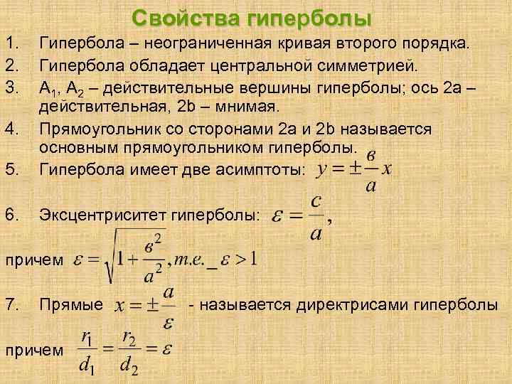 Свойства гиперболы 1. 2. 3. 5. Гипербола – неограниченная кривая второго порядка. Гипербола обладает