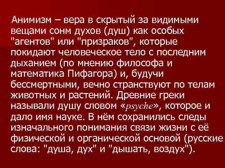 Анимизм – вера в скрытый за видимыми вещами сонм духов (душ) как особых 