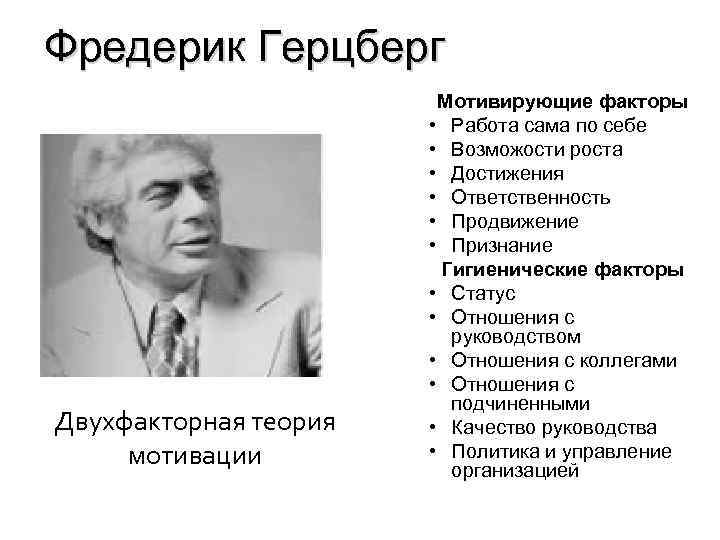 Фредерик Герцберг Двухфакторная теория мотивации Мотивирующие факторы • Работа сама по себе • Возможости