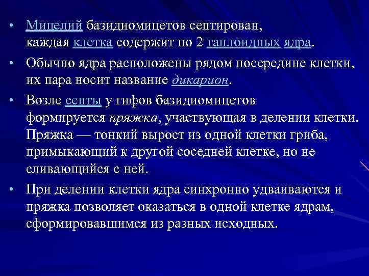  • Мицелий базидиомицетов септирован, каждая клетка содержит по 2 гаплоидных ядра. • Обычно