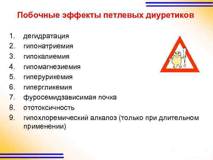 Побочные эффекты петлевых диуретиков 1. 2. 3. 4. 5. 6. 7. 8. 9. дегидратация