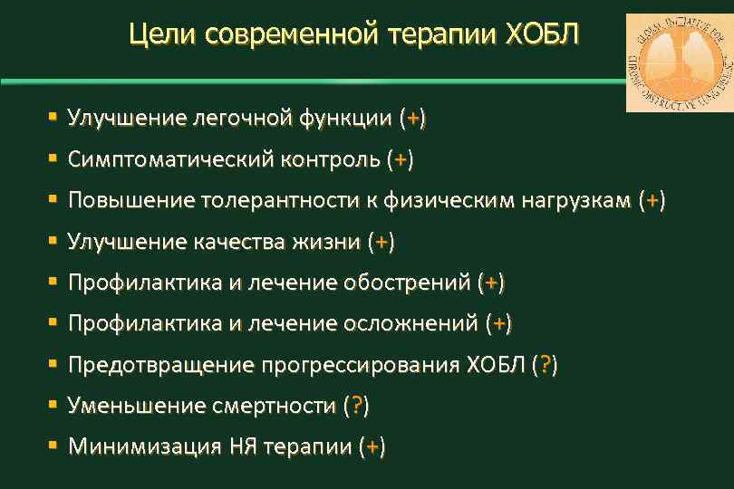 Цели современной терапии ХОБЛ § Улучшение легочной функции (+) § Симптоматический контроль (+) §