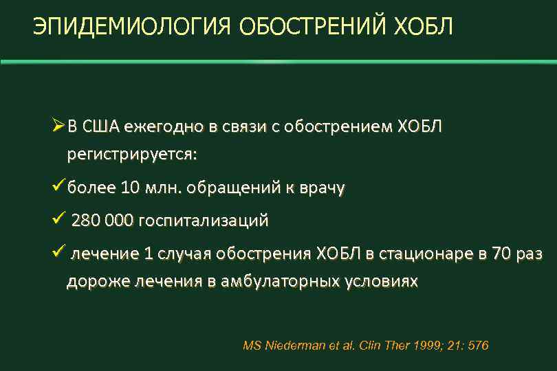 ЭПИДЕМИОЛОГИЯ ОБОСТРЕНИЙ ХОБЛ ØВ США ежегодно в связи с обострением ХОБЛ регистрируется: üболее 10